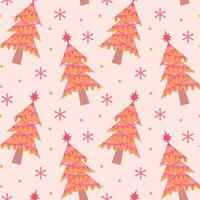 Cute pink christmas tree with garland and snowflakes seamless pattern. Glamour pastel christmas print for wrapping or textile. vector