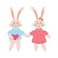 Cute rabbits in love. Bunny boy with heart holding bunny girl by the hand. Cartoon forest characters. vector