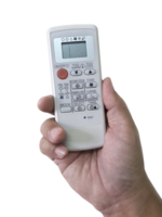 Hand is holding a remote control of air conditioner, transparent background png