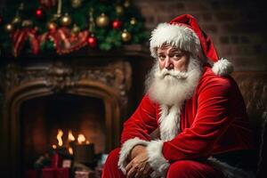 Sad Santa Claus sitting on the background of a Christmas tree Generative AI photo