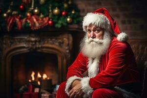 Sad Santa Claus sitting on the background of a Christmas tree Generative AI photo