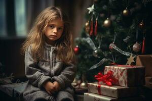 Serious sad little girl is sitting in front of a Christmas tree Generative AI photo