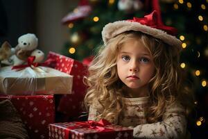 Serious sad little girl is sitting in front of a Christmas tree Generative AI photo