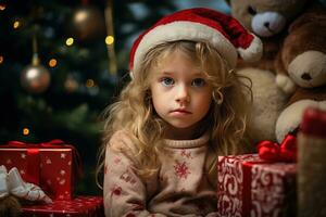 Serious sad little girl is sitting in front of a Christmas tree Generative AI photo