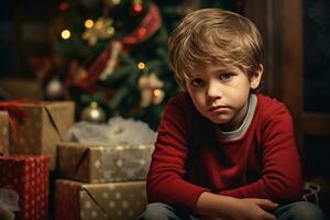 Serious sad little boy is sitting in front of a Christmas tree Generative AI photo