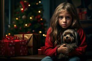 Serious sad little girl is sitting in front of a Christmas tree Generative AI photo