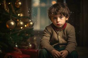 Serious sad little boy is sitting in front of a Christmas tree Generative AI photo