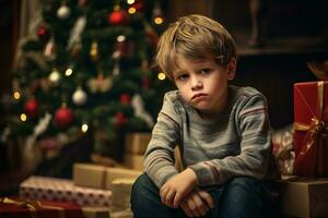 Serious sad little boy is sitting in front of a Christmas tree Generative AI photo