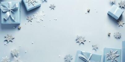 Christmas banner. Background Xmas design of realistic blue gifts box. Horizontal christmas poster, greeting cards, headers, website Generative AI photo