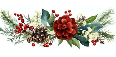 Christmas ornaments by painting branches with watercolors on a white background, including tree branches and holly sprigs adorned with red berries. Generative AI photo