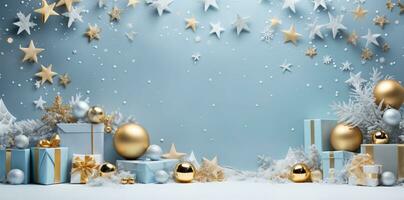 Christmas banner. Background Xmas design of realistic blue gifts box. Horizontal christmas poster, greeting cards, headers, website Generative AI photo