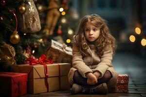 Serious sad little girl is sitting in front of a Christmas tree Generative AI photo