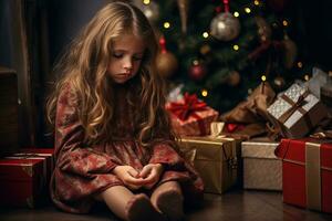 Serious sad little girl is sitting in front of a Christmas tree Generative AI photo