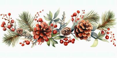 Christmas ornaments by painting branches with watercolors on a white background, including tree branches and holly sprigs adorned with red berries. Generative AI photo