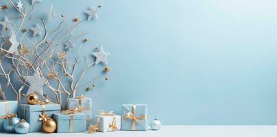 Christmas banner. Background Xmas design of realistic blue gifts box. Horizontal christmas poster, greeting cards, headers, website Generative AI photo