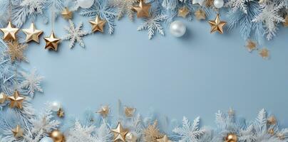 Christmas banner. Background Xmas design of realistic blue gifts box. Horizontal christmas poster, greeting cards, headers, website Generative AI photo