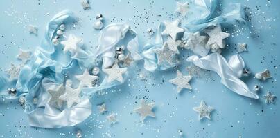 Christmas banner. Background Xmas design of realistic blue gifts box. Horizontal christmas poster, greeting cards, headers, website Generative AI photo