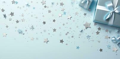 Christmas banner. Background Xmas design of realistic blue gifts box. Horizontal christmas poster, greeting cards, headers, website Generative AI photo