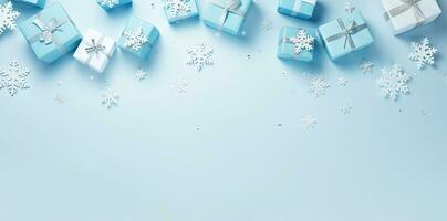 Christmas banner. Background Xmas design of realistic blue gifts box. Horizontal christmas poster, greeting cards, headers, website Generative AI photo