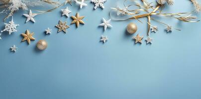 Christmas banner. Background Xmas design of realistic blue gifts box. Horizontal christmas poster, greeting cards, headers, website Generative AI photo