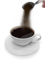 hand häller omedelbar kaffe från en sked i en kaffe kopp, transparent bakgrund png