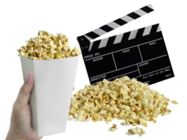 hand with Popcorn, Movie clapperboard, transparent background png