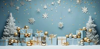 Christmas banner. Background Xmas design of realistic blue gifts box. Horizontal christmas poster, greeting cards, headers, website Generative AI photo