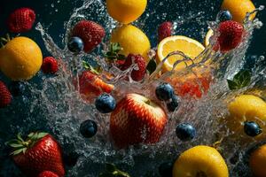 Fresh fruits in water splash. AI Generative Pro Photo