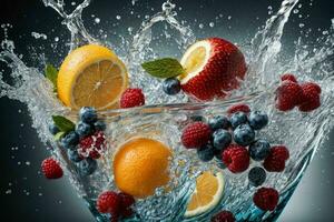 Fresh fruits in water splash. AI Generative Pro Photo