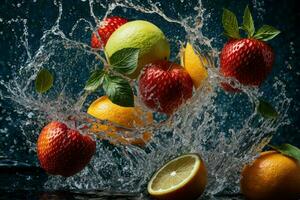 Fresco frutas en agua chapoteo. ai generativo Pro foto