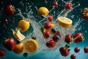 Fresh fruits in water splash. AI Generative Pro Photo