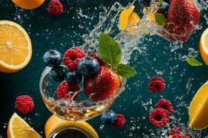 Fresh fruits in water splash. AI Generative Pro Photo