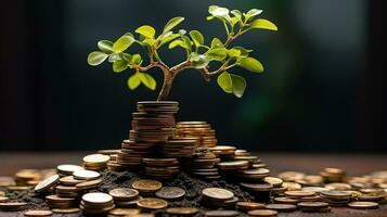 pequeño árbol en apilar monedas ai generado foto