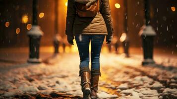espalda ver mujer caminando en Nevado invierno noche ai generado foto