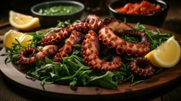 Fresh seafood grilled octopus AI Generated photo