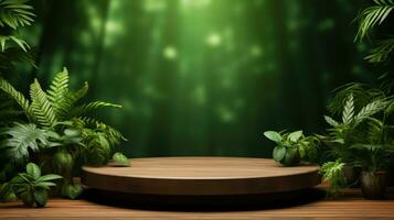 Wooden podium with green background AI Generated photo