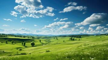 verde campo y azul cielo ai generado foto