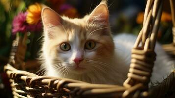 linda gatito sentado en un cesta ai generado foto