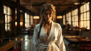 Beautiful Girl black hair in a white robe AI Generated photo