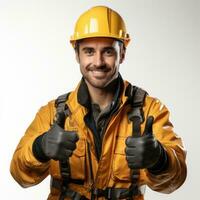 Construction worker showing thumb up Isolated on white background AI Generated photo