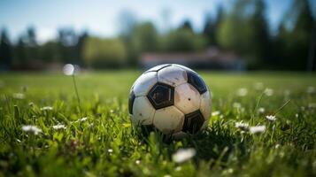 fútbol pelota en verde césped ai generado foto