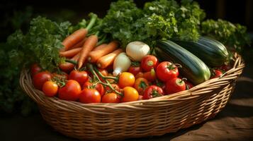 Wicker basket with fresh organic vegetables AI Generated photo