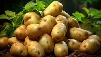 Beautiful fresh potatoes on a brown ground AI Generated photo