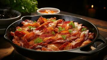 Crunchy streaky bacon fried in a cast iron skillet AI Generated photo