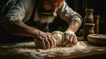 Man kneading dough on a wooden table AI Generated photo