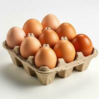 Brown chicken eggs in cardboard Isolated on white background AI Generated photo