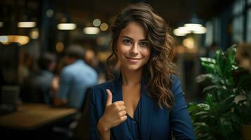 Happy businesswoman showing thumb up AI Generated photo