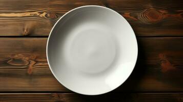 top down view A empty plate on a wooden table AI Generated photo