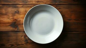 top down view A empty plate on a wooden table AI Generated photo