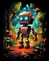 A Colorful Action funny Robot walking on a street in the woods Generative AI photo